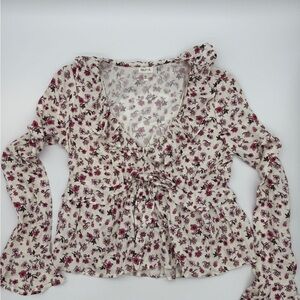 Selfie Floral Ruffle Peplum Blouse Long Sleeve V-neck Cottagecore Babydoll Top